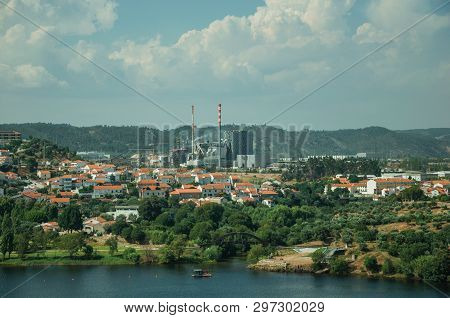 Wide Tejo River Along Wooden Hills With Pulp And Paper Industrial Plant On Horizon, Near Castelo Bra