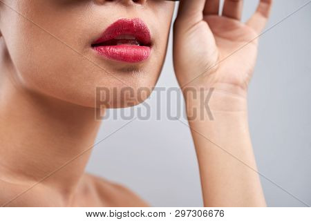 Close-up Image Of Bright Pink Full Sensual Lips Of Young Woman