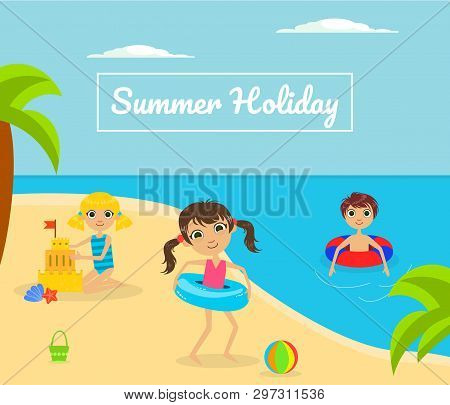 Summer Holliday Banner Template With Cute Kids Playing On Tropical Beach Vector Illustration