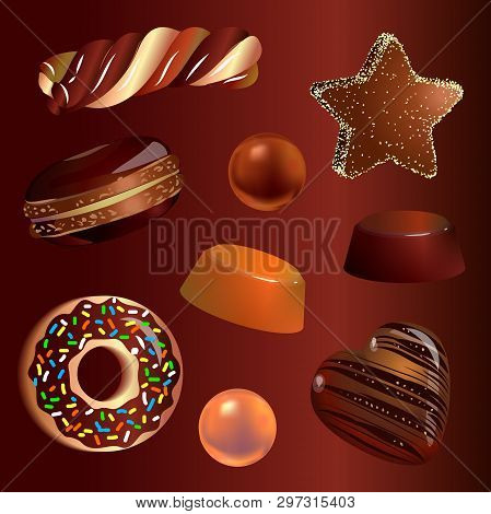 Vector Illustration Of Chocolate Candies On A Brown Background. Isolated Image Of Sweets.