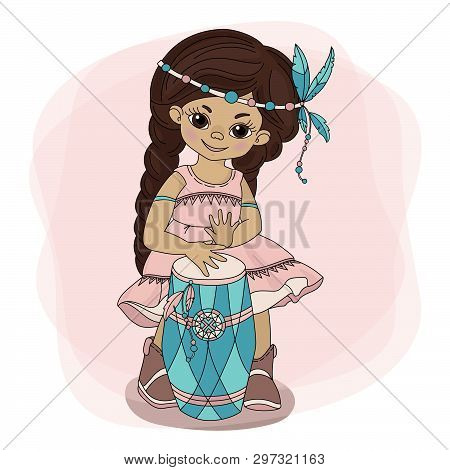 Pocahontas Drum American Native Red Skinned Indian Princess Vector Illustration Set For Print Fabric