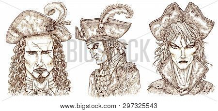 Hand Drawn Design Set With Portraits Of Sea Captains, Sailors And Pirates Isolated On White. Hand Dr