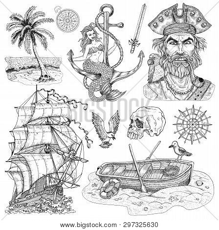 Design Set With Pirate Captain, Mermaid On Anchor, Old Sailing Ship, Boat Isolated On White. Hand Dr