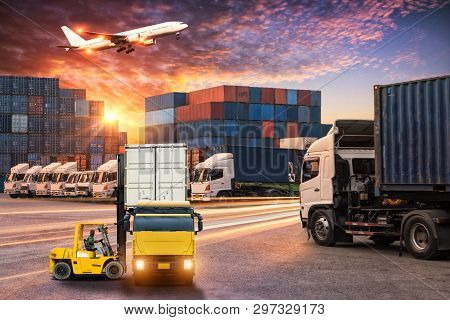 Logistics And Transportation Of Container Cargo Ship And Cargo Plane With Working Crane Bridge In Sh
