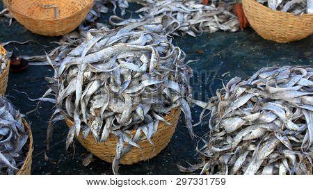 Many dried fish in the baskets