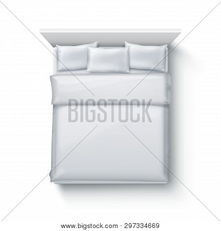 Vector Illustration Of Double Bed With Soft Duvet, Bedding And Pillows On White Background