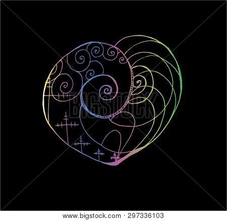 Illustration With Tension Pillars, Spirals, Waves Inscribed In The Heart. Technique And Progress.