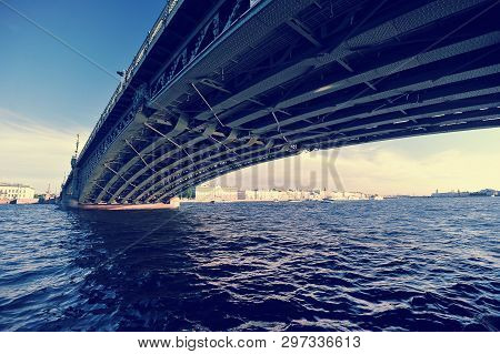 Saint Petersburg, Russia - June 29, 2017: A View Of The Troitsky Bridge With The Waters Of The River
