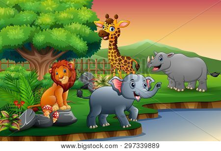 Animals Cartoon Are Enjoying Nature By The River
