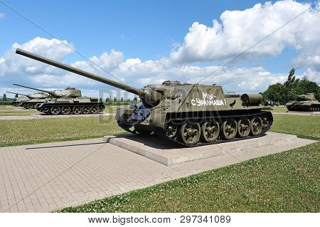 Prokhorovka, Russia - July 5, 2017: Soviet Tank Su-100 On Prokhorovka Field After The Tank Battle Of