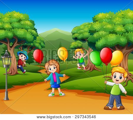 Happy Kids Playing In The Garden With Balloons