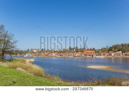 View Over Historic City Lauenburg From Across The River Elbe In Germany