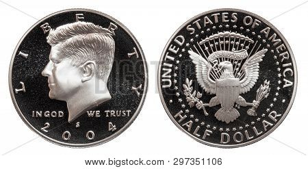 Fifty Cent Half Dollar Us Coin, Isolated On White Background