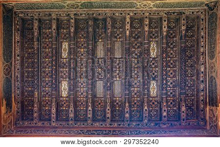 Cairo, Egypt- December 16 2018: Wooden Ceiling Decorated With Floral Pattern Decorations At Ottoman 