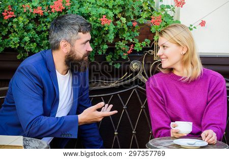 Meeting People First Date. Couple Terrace Drinking Coffee. Casual Meet Acquaintance Public Place. Ro
