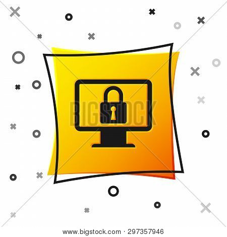 Black Lock On Computer Monitor Screen Icon Isolated On White Background. Monitor And Padlock. Securi