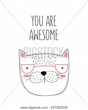 Vector Poster With Cute Doodle Cat For Kids. Hand Drawn Graphic Banner. Perfect For Baby Shower, Pos
