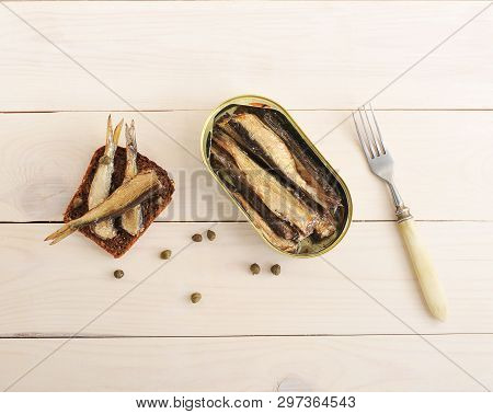 Sandwich With Rye Bread, Capers And Canned Sprats