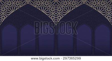 Ramadan Kareem Background. Islamic Background With Arabesque Pattern And Window Mosque. Eid Mubarak 