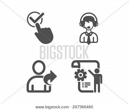 Set Of Checkbox, Shipping Support And Refer Friend Icons. Settings Blueprint Sign. Approved, Deliver