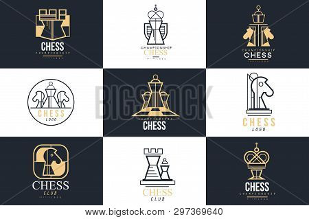 Chess Logo Set, Design Element For Championship, Tournament, Chess Club, Business Card, Vlack And Wh