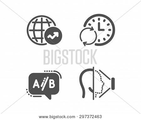 Set Of Ab Testing, World Statistics And Update Time Icons. Face Id Sign. Test Chat, Global Report, R