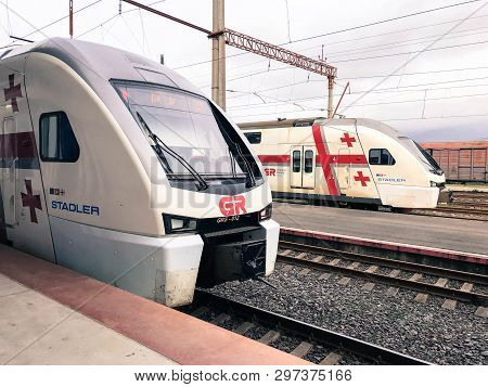 White High-speed Fast Trains Stadler On High-speed Rail, Train Station. Georgia, Batumi, April 18, 2