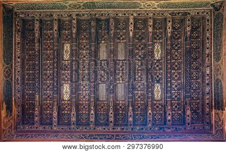 Cairo, Egypt- December 16 2018: Wooden Ceiling Decorated With Floral Pattern Decorations At Ottoman 