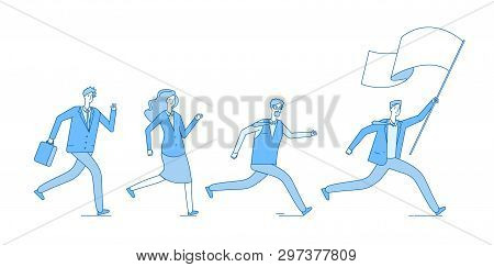 People Running With Flag. Business Persons Following Leader Leading Office Team. Leadership Entrepre