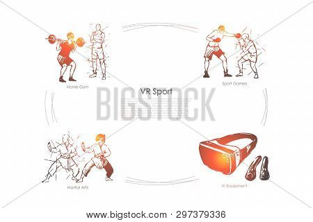 Vr Sports - Home Gym, Sport Games, Martial Arts, Vr Equipment Vector Concept Set. Hand Drawn Sketch 