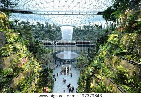 Singapore, 11 Apr, 2019: The Rain Vortex, A 40m-tall Indoor Waterfall Located Inside The Jewal Chang