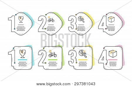 Fragile Package, Search Flight And Bicycle Parking Icons Simple Set. Parcel Sign. Safe Shipping, Air