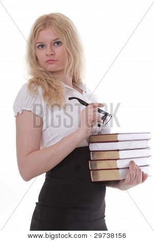 Beautiful Young Woman With Books White Background