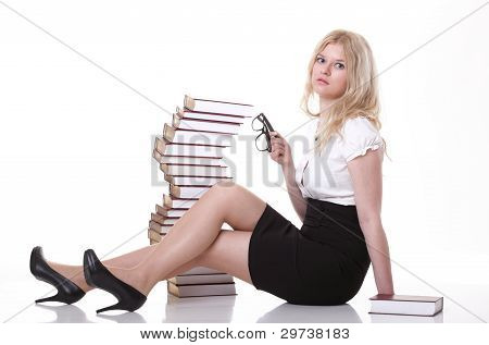 Beautiful Young Woman With Books White Background