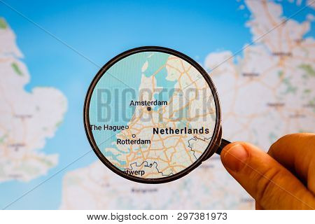 Amsterdam, Netherlands. Political Map. City Visualization Illustrative Concept On Display Screen Thr