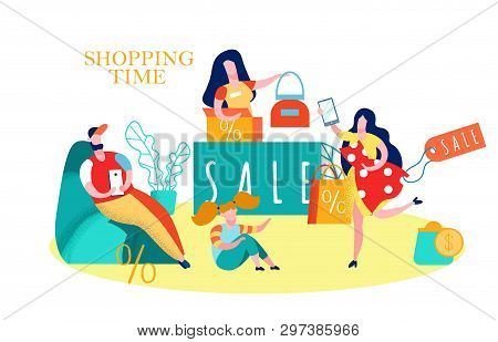 Family Shopping Time Flat Vector Illustration. Price Tag With Sale Word. Mother, Father, Daughter In