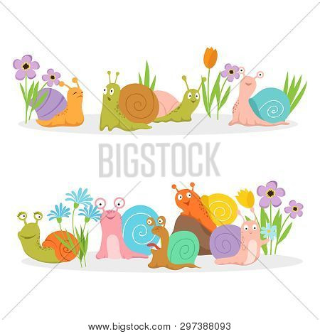 Group Of Cartoon Character Snails With Flowers. Vector Creature Cochlea In Grass And Bright Flowers 