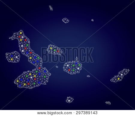 Bright Polygonal Vector Galapagos Islands Map With Glare Light Spots. Mesh Model For Patriotic Poste