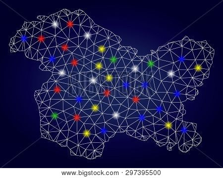 Glossy Polygonal Vector Jammu And Kashmir State Map With Glowing Light Spots. Mesh Model For Patriot