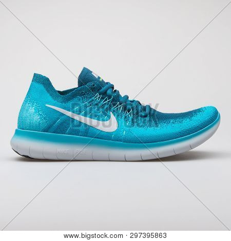 Vienna, Austria - August 7, 2017: Nike Free Rn Flyknit 2017 Lagoon Blue Sneaker On White Background.