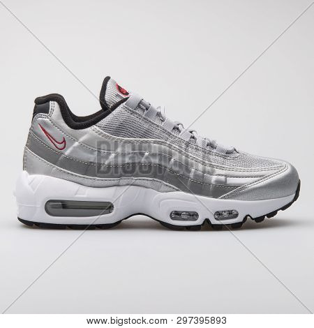 Vienna, Austria - August 7, 2017: Nike Air Max 95 Qs Metallic Silver Sneaker On White Background.
