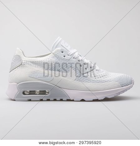 Vienna, Austria - August 7, 2017: Nike Air Max 90 Ultra 2.0 Flyknit White Sneaker On White Backgroun