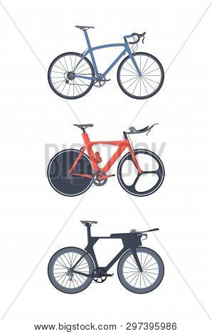 Road Bike Set. Flat Icons. Triatlon Bikes.