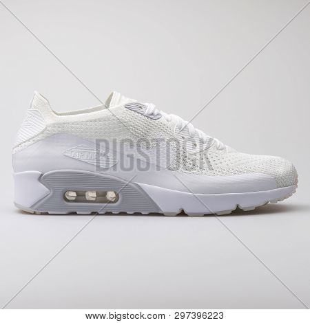 Vienna, Austria - August 7, 2017: Nike Air Max 90 Ultra 2.0 Flyknit White Sneaker On White Backgroun