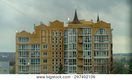 Modern Condominium Building Real Etate In City With Blue Sky, Low Rise 6 Level Building