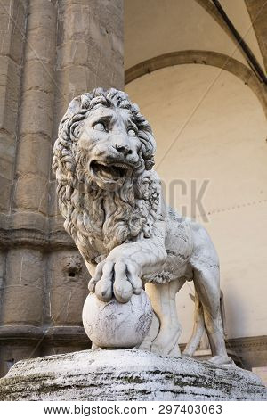 Medici Lion Outside The Loggia Dei Lanzi In Piazzo Della Signoria In Florence, Italy, 22nd May 2016