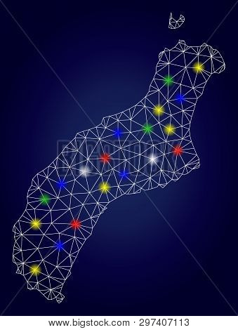 Glossy Mesh Vector Niihau Island Map With Glare Light Spots. Mesh Model For Patriotic Purposes. Abst
