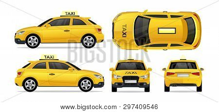 Taxi Yellow Car With Side, Front, Back And Top. City Transport Taxi Icon Set For Mobile, Web, Promot