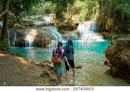Luang Prabang. Laos. 04.20.2019. People Visit Kuangsi Waterfall