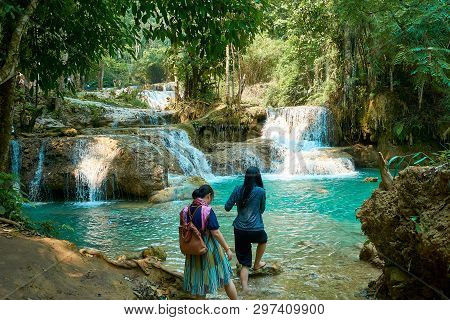 Luang Prabang. Laos. 04.20.2019. People Visit Kuangsi Waterfall